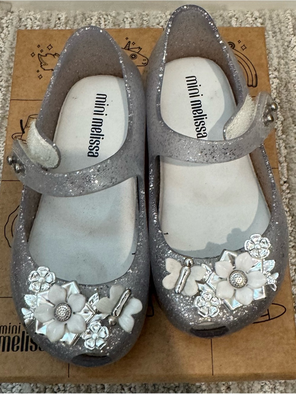 Mini Melissa Silver Glitter Flower Mary Jane Shoes